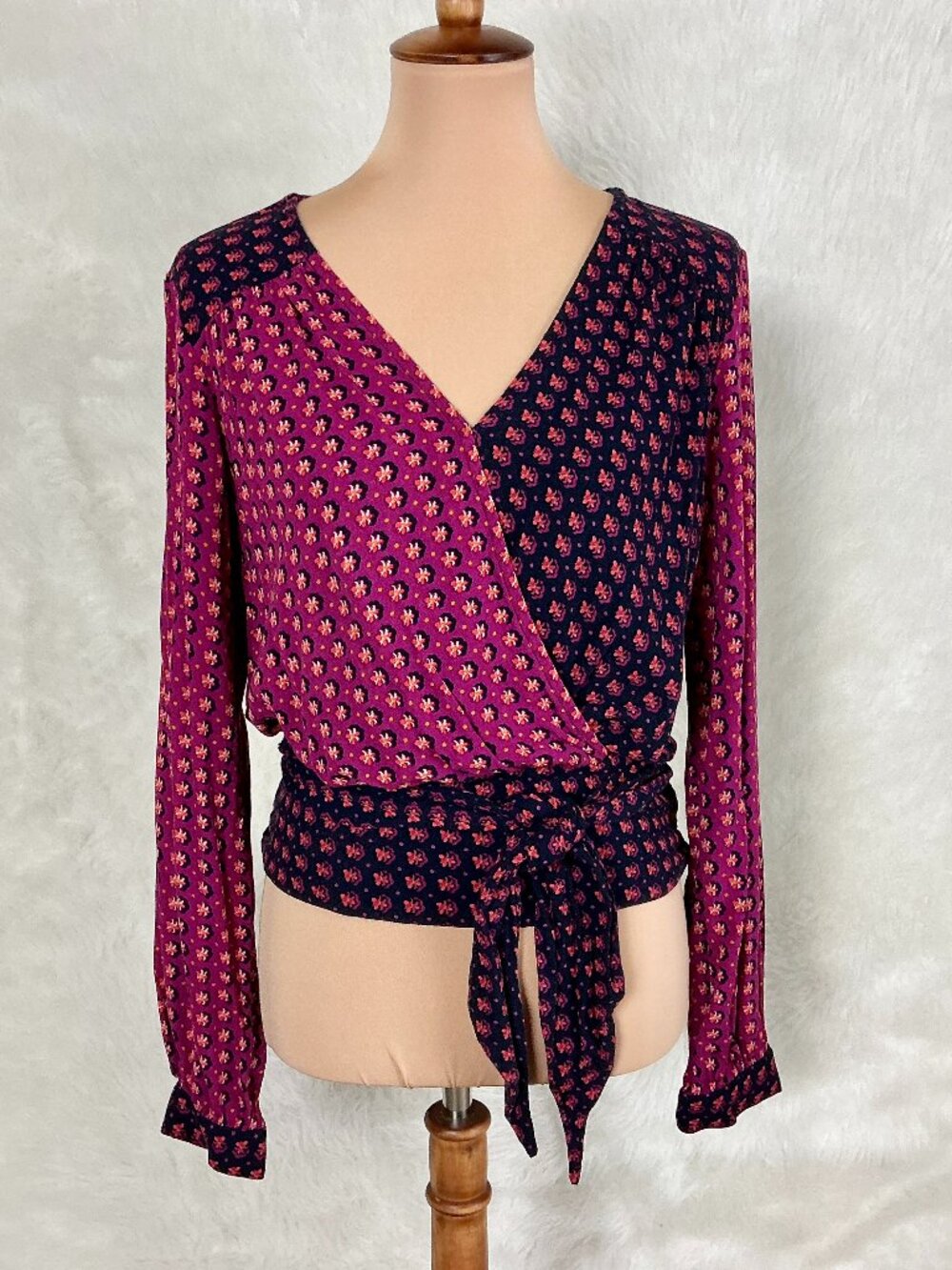 Anthropologie Maeve Lisa Puff Sleeve Pink Navy Floral Faux Wrap Blouse 10